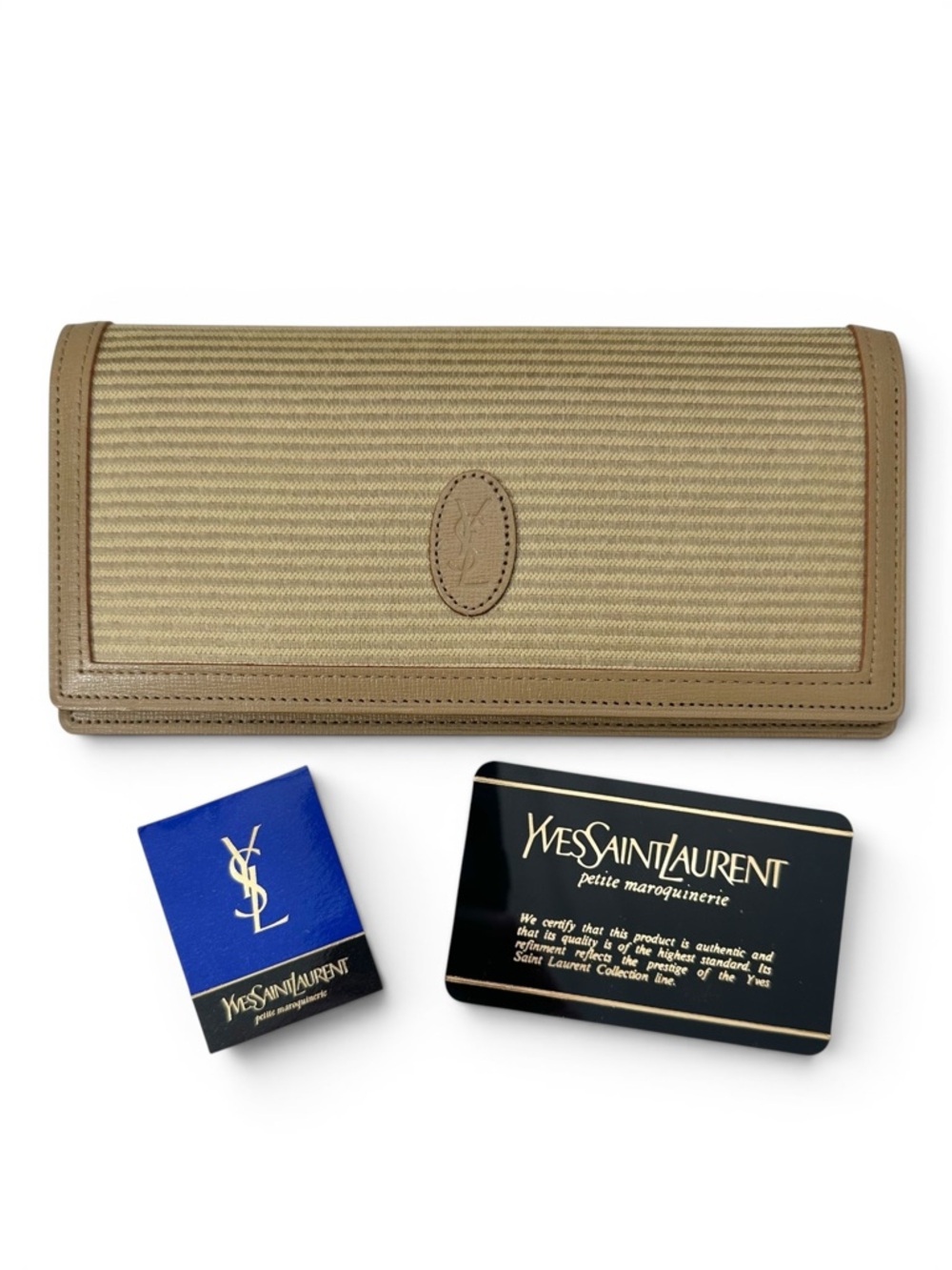 YSL Embossed Tan Leather Vintage Long Bifold Wallet